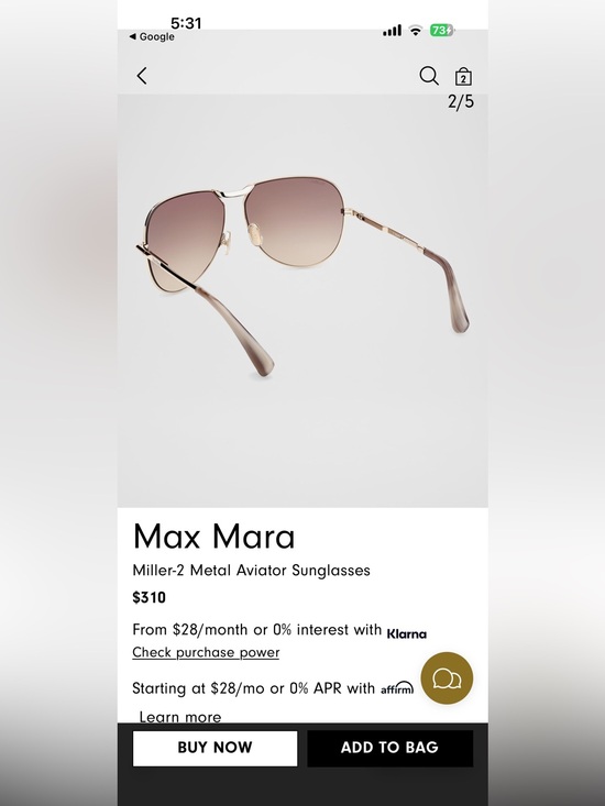 New. Max Mara Miller-2 Metal Aviator Sunglasses